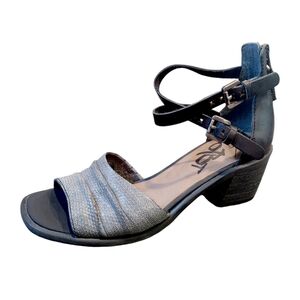 OTBT Leather Black Gray Chunky Heel Boarder Open Toe Sandal Women's Size 6.5